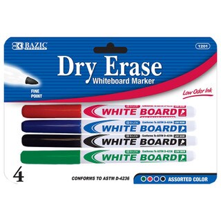 BAZIC Assorted Colors Fine Tip Dry-Erase Markers 4PK